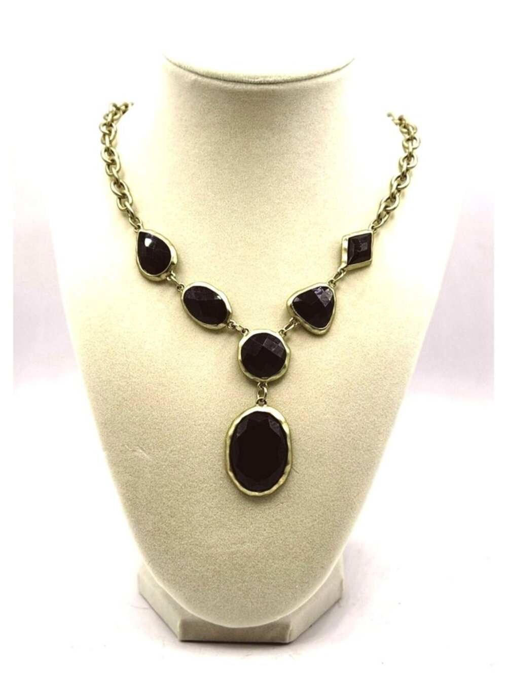 Faceted Black Stone Geometrical Necklace With Gold Tone Chain - Adjustable